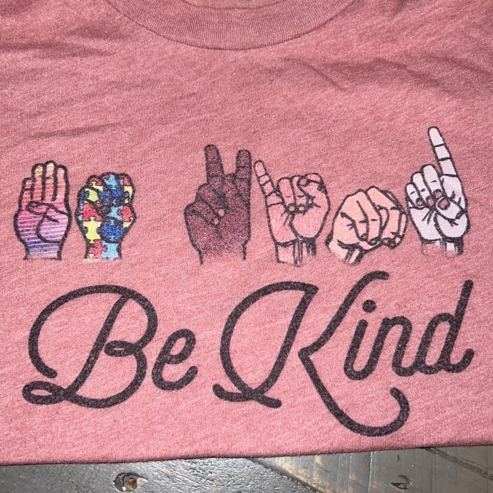 Bella Canvas Kids Be Kind ASL Sign Language Autism Awareness Pink T-Shirt L